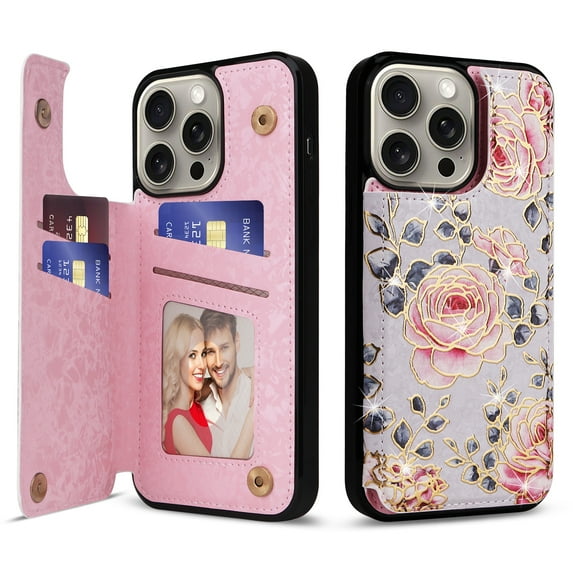 ELEHOLD Wallet Case for iPhone 11 Pro Case Beautiful Flower Floral Pattern with Back Card Holders Magnetic Button RFID Blocking Shockproof Protective Stand Case for iPhone 11 Pro,A