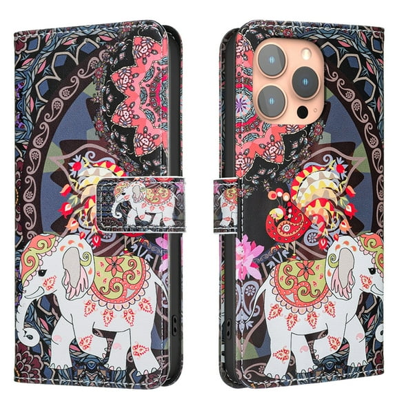 ELEHOLD Wallet Case for iPhone 11 Pro, PU Leather Patterned Flip Folio Stand Card Slots Magnetic Closure Shockproof Protective Case for Women Girls,B