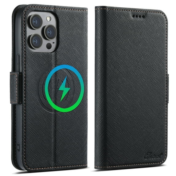 ELEHOLD Wallet Case for iPhone 12 Pro / 12 6.1", Compatible with Mag Safe Accessory, Cross Pattern Anti-slip Card Holder Kickstand PU Leather Flip Folio Shockproof Phone Case Cover ,Black