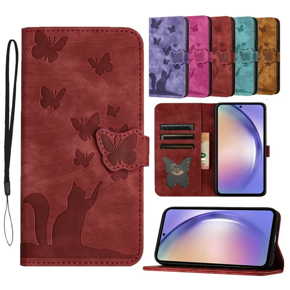 ELEHOLD Wallet Case for iPhone 12 / iPhone 12 Pro, Embossed Butterfly Cute Cat Soft PU Leather Folio Flip Shockproof Protective Credit Card Slots Holder Cover 6.1 Inch,Winered