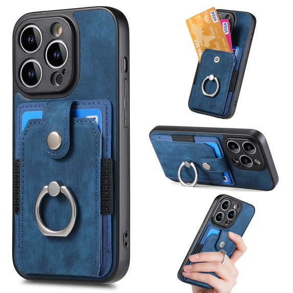 ELEHOLD Wallet Case for iPhone 12,with Card Holder 360° Rotation Ring Holder Stand Function Shockproof Anti-Scratch Protective Luxury Leather Purse Case,blue