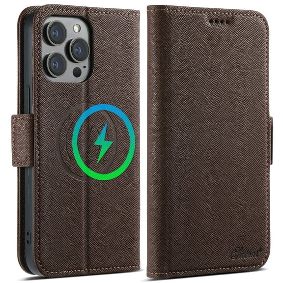 ELEHOLD Wallet Case for iPhone 13, Compatible with Mag Safe Accessory, Cross Pattern Anti-slip Card Holder Kickstand PU Leather Flip Folio Shockproof Phone Case Cover ,Brown
