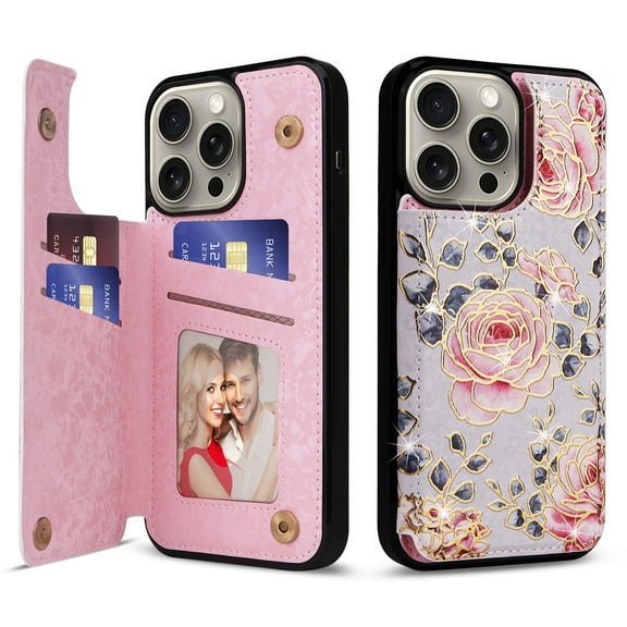 ELEHOLD Wallet Case for iPhone 13 Pro Case Beautiful Flower Floral Pattern with Back Card Holders Magnetic Button RFID Blocking Shockproof Protective Stand Case for iPhone 13 Pro,A