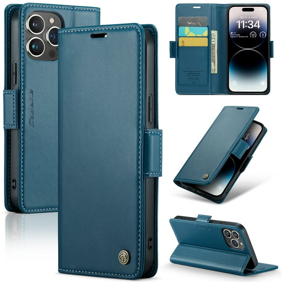 ELEHOLD Wallet Case for iPhone 13 Pro Max 6.7" Premium Leather Case wih RFID Blocking Function Card Slots Kickstand Magnetic Clasp Shockproof Cover for Men Women,Blue