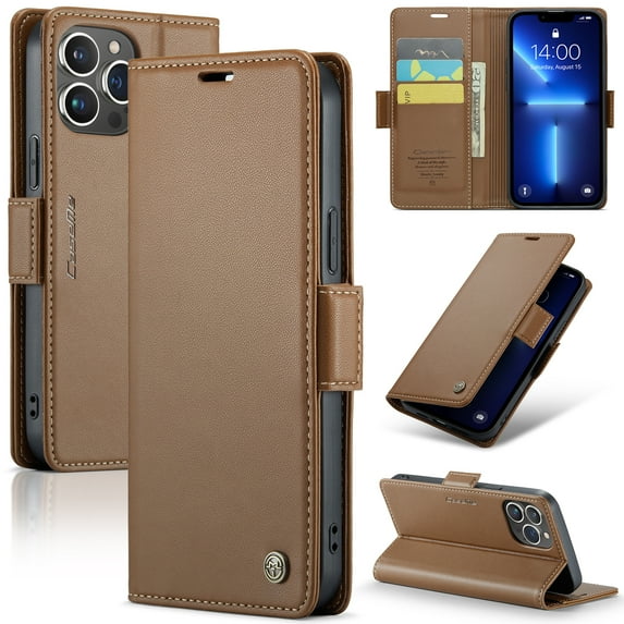 ELEHOLD Wallet Case for iPhone 13 Pro Max 6.7" Premium Leather Case wih RFID Blocking Function Card Slots Kickstand Magnetic Clasp Shockproof Cover for Men Women,Brown