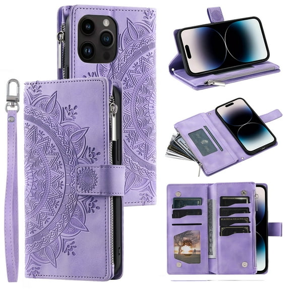 ELEHOLD Wallet Case for iPhone 13 Pro Max 6.7 inch Embossed Pattern PU Leather Card Slots Zipper Pocket Stand Function Magnetic Clasp Lanyard Adjustable Shoulder Strap,Purple