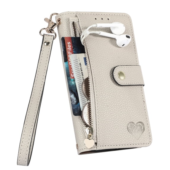 ELEHOLD Wallet Case for iPhone 13 Pro, RFID Blocking 7 Card Slots Magnetic Zipper Purse with Wristlet Strap Stand PU Leather Shockproof TPU Shell Compatible with iPhone 13 Pro,Gray