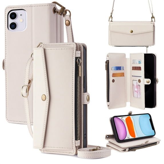 ELEHOLD Wallet Case for iPhone 13,RFID Blocking Card Holder Flip Folio PU Leather Kickstand Shockproof Protective Phone Case with Hand Crossbody Strap for iPhone 13,White