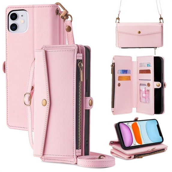 ELEHOLD Wallet Case for iPhone 13,RFID Blocking Card Holder Flip Folio PU Leather Kickstand Shockproof Protective Phone Case with Hand Crossbody Strap for iPhone 13,Pink