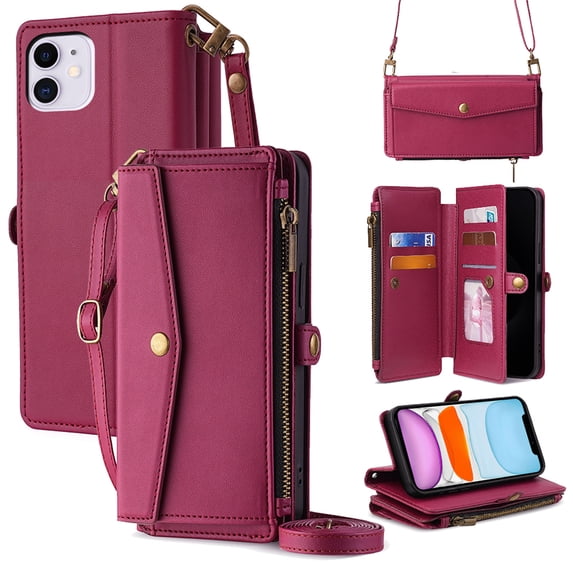 ELEHOLD Wallet Case for iPhone 13,RFID Blocking Card Holder Flip Folio PU Leather Kickstand Shockproof Protective Phone Case with Hand Crossbody Strap for iPhone 13,Red