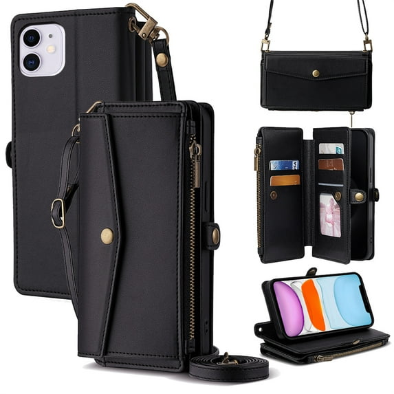 ELEHOLD Wallet Case for iPhone 13,RFID Blocking Card Holder Flip Folio PU Leather Kickstand Shockproof Protective Phone Case with Hand Crossbody Strap for iPhone 13,Black