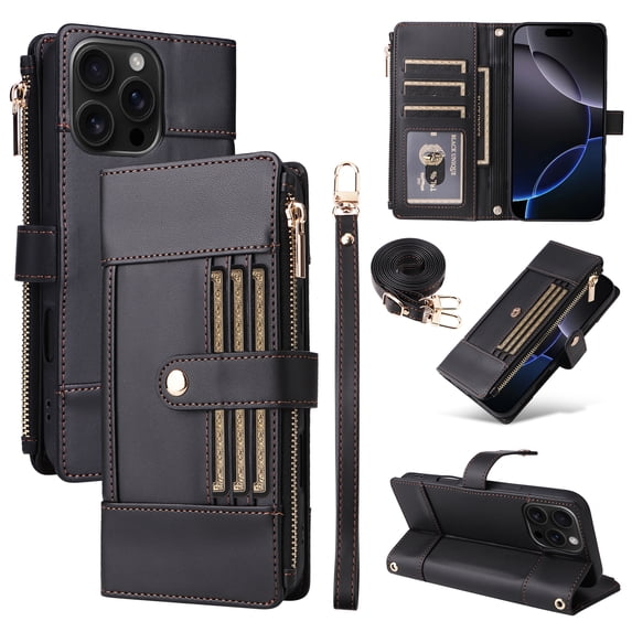 ELEHOLD Wallet Case for iPhone 13, Slim Rugged TPU Protective Cover Faux Leather Finish Anti-Scratch Zipper Card Slot Cash Holder Shockproof Case with Detachable Lanyard,Black
