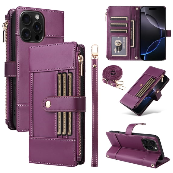 ELEHOLD Wallet Case for iPhone 13, Slim Rugged TPU Protective Cover Faux Leather Finish Anti-Scratch Zipper Card Slot Cash Holder Shockproof Case with Detachable Lanyard,Purple