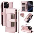 thumbnail image 1 of ELEHOLD Wallet Case for iPhone 13, Slim Rugged TPU Protective Cover Faux Leather Finish Anti-Scratch Zipper Card Slot Cash Holder Shockproof Case with Detachable Lanyard,Rosegold, 1 of 11