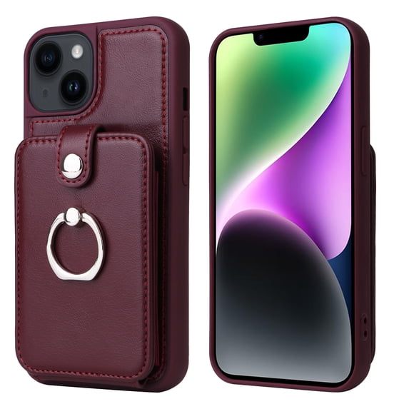 ELEHOLD Wallet Case for iPhone 14 6.1" with Organ Card Slots Holders Rotatable Finger Ring Holder Stand Function Premium Leather Shockproof Purse Case,Winered