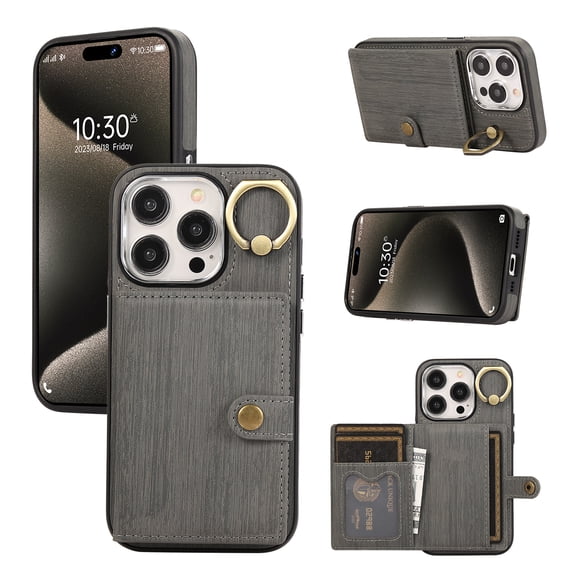 ELEHOLD Wallet Case for iPhone 14 Back Card Holders Premium Leather Cover with Metal Ring Holder Stand Magnetic Clasp Shockproof Wallet Case for iPhone 14,gray