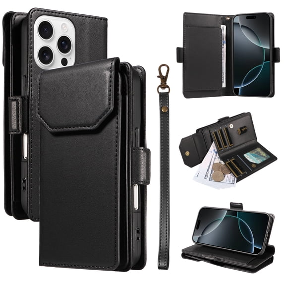 ELEHOLD Wallet Case For iPhone 14, Luxury PU Leather Shockproof Magnetic Flip Kickstand Card Slots Cash Pocket Wallet Case With Detachable Lanyard,Black