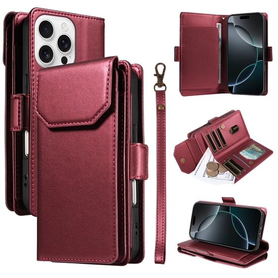 ELEHOLD Wallet Case For iPhone 14, Luxury PU Leather Shockproof Magnetic Flip Kickstand Card Slots Cash Pocket Wallet Case With Detachable Lanyard,Red