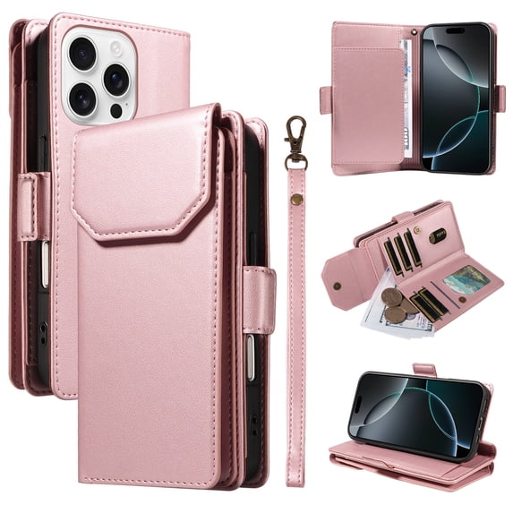 ELEHOLD Wallet Case For iPhone 14, Luxury PU Leather Shockproof Magnetic Flip Kickstand Card Slots Cash Pocket Wallet Case With Detachable Lanyard,Rosegold