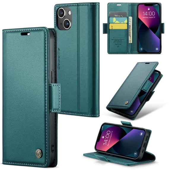 ELEHOLD Wallet Case for iPhone 14 Plus 6.7" Premium Leather Case wih RFID Blocking Function Card Slots Kickstand Magnetic Clasp Shockproof Cover for Men Women,Green