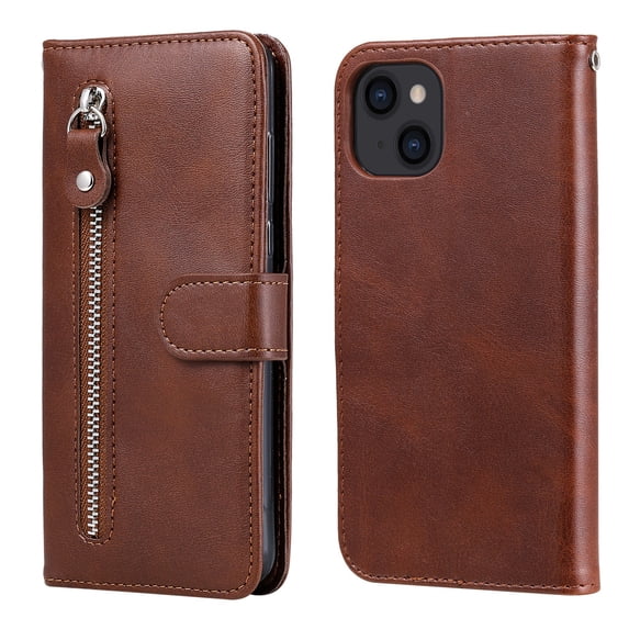 ELEHOLD Wallet Case for iPhone 14 Plus 6.7", Zipper Pocket Card Slots Kickstand Magnetic Clasp Full Body Shockproof Purse Case for iPhone 14 Plus, Brown