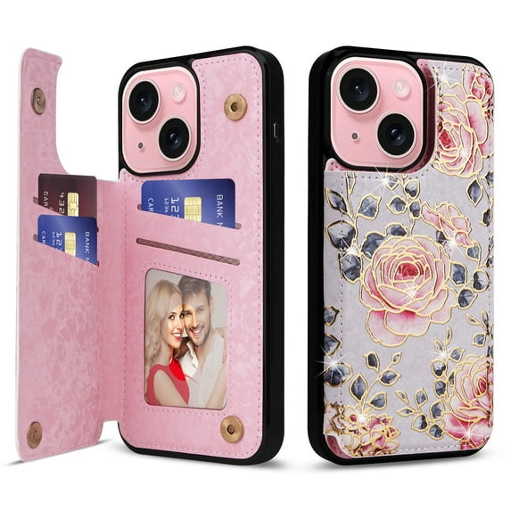 ELEHOLD Wallet Case for iPhone 14 Plus Case Beautiful Flower Floral Pattern with Back Card Holders Magnetic Button RFID Blocking Shockproof Protective Stand Case for iPhone 14 Plus,A