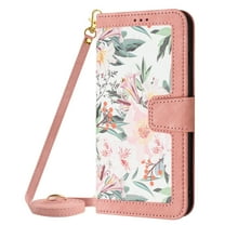 ELEHOLD Wallet Case for iPhone 14 Plus Premium Leather Flower Floral Pattern with Card Slots Kickstand Function Crossbody Shoulder Strap Wriststrap Lanyard Folio Wallet Case,pink