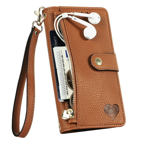 ELEHOLD Wallet Case for iPhone 14 Plus, RFID Blocking 7 Card Slots Magnetic Zipper Purse with Wristlet Strap Stand PU Leather Shockproof TPU Shell Compatible with iPhone 14 Plus,Brown