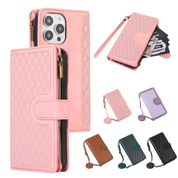 ELEHOLD Wallet Case for iPhone 14 Pro 6.1",Premium Leather Argyle Pattern 9 Card Slots Zipper Pocket Kickstand Crossbody Shoulder Strap Wriststrap Luxury Purse Case for iPhone 14 Pro,Pink