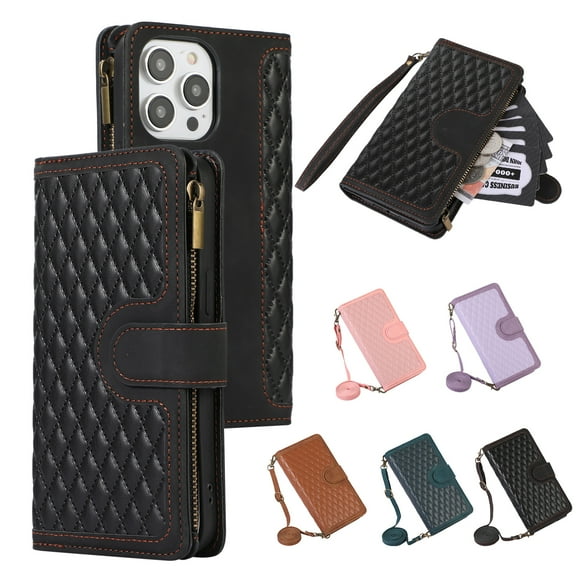 ELEHOLD Wallet Case for iPhone 14 Pro 6.1",Premium Leather Argyle Pattern 9 Card Slots Zipper Pocket Kickstand Crossbody Shoulder Strap Wriststrap Luxury Purse Case for iPhone 14 Pro,Black