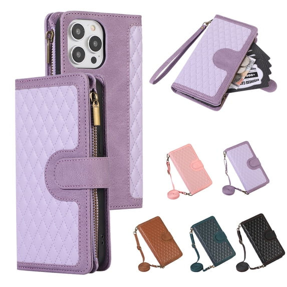 ELEHOLD Wallet Case for iPhone 14 Pro 6.1",Premium Leather Argyle Pattern 9 Card Slots Zipper Pocket Kickstand Crossbody Shoulder Strap Wriststrap Luxury Purse Case for iPhone 14 Pro,Purple
