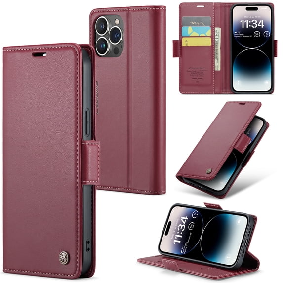 ELEHOLD Wallet Case for iPhone 14 Pro 6.1" Premium Leather Case wih RFID Blocking Function Card Slots Kickstand Magnetic Clasp Shockproof Cover for Men Women, Wine