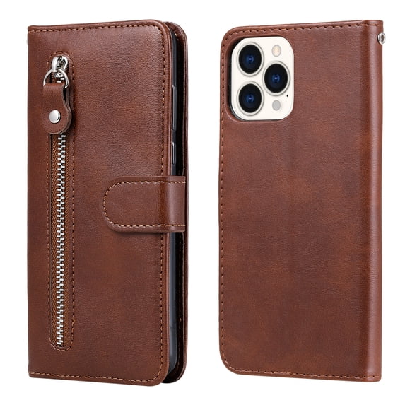 ELEHOLD Wallet Case for iPhone 14 Pro 6.1", Zipper Pocket Card Slots Kickstand Magnetic Clasp Full Body Shockproof Purse Case for iPhone 14 Pro, Brown
