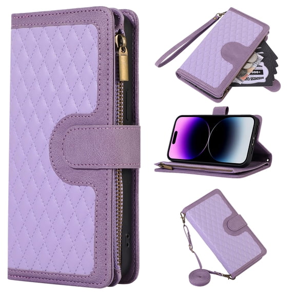 ELEHOLD Wallet Case for iPhone 14 Pro Max 6.7 ",Premium Leather Argyle Pattern 9 Card Slots Zipper Pocket Kickstand Crossbody Shoulder Strap Wriststrap Luxury Purse Case,Purple