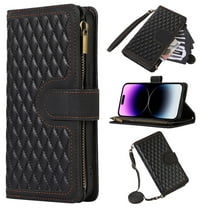 ELEHOLD Wallet Case for iPhone 14 Pro Max 6.7 ",Premium Leather Argyle Pattern 9 Card Slots Zipper Pocket Kickstand Crossbody Shoulder Strap Wriststrap Luxury Purse Case,Black