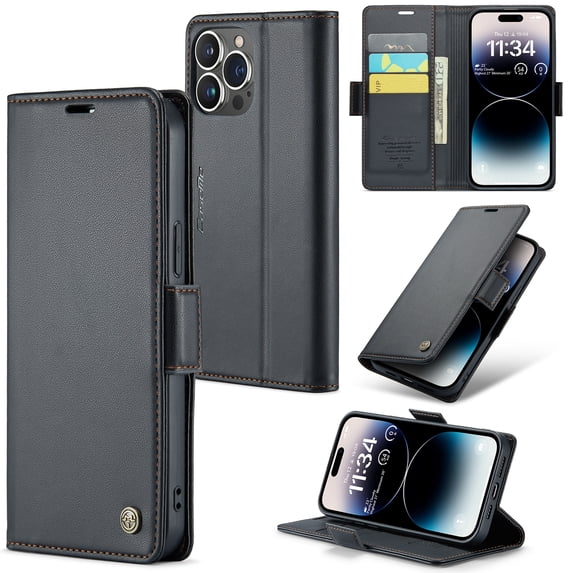 ELEHOLD Wallet Case for iPhone 14 Pro Max 6.7" Premium Leather Case wih RFID Blocking Function Card Slots Kickstand Magnetic Clasp Shockproof Cover for Men Women, Black