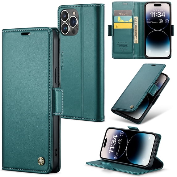 ELEHOLD Wallet Case for iPhone 14 Pro Max 6.7" Premium Leather Case wih RFID Blocking Function Card Slots Kickstand Magnetic Clasp Shockproof Cover for Men Women, Green