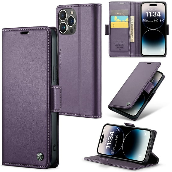 ELEHOLD Wallet Case for iPhone 14 Pro Max 6.7" Premium Leather Case wih RFID Blocking Function Card Slots Kickstand Magnetic Clasp Shockproof Cover for Men Women, Purple