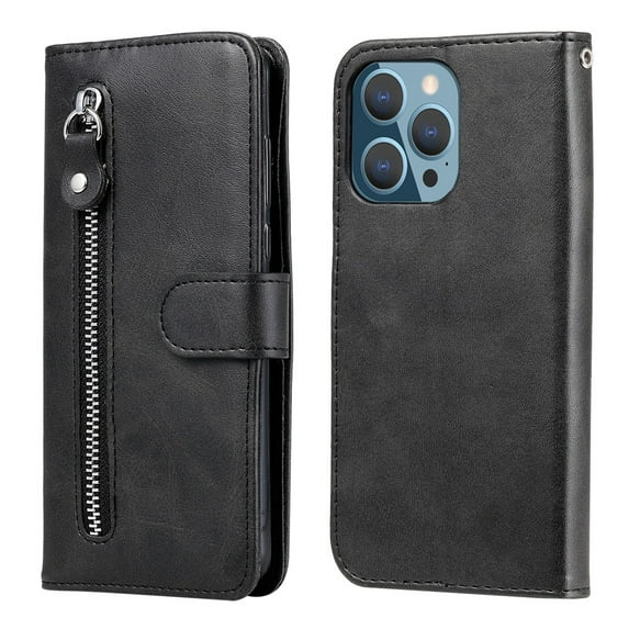 ELEHOLD Wallet Case for iPhone 14 Pro Max 6.7", Zipper Pocket Card Slots Kickstand Magnetic Clasp Full Body Shockproof Purse Case for iPhone 14 Pro Max, Black