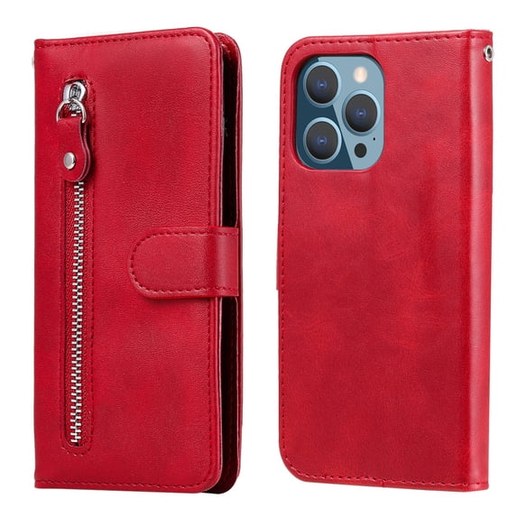 ELEHOLD Wallet Case for iPhone 14 Pro Max 6.7", Zipper Pocket Card Slots Kickstand Magnetic Clasp Full Body Shockproof Purse Case for iPhone 14 Pro Max, Red