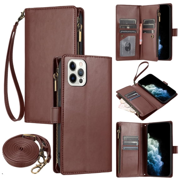 ELEHOLD Wallet Case for iPhone 14 Pro Max, with 9 Card Slots Cash/Zipper Pocket Detachable Lanyard Crossbody Strap Magnetic Clasp Kickstand Luxury Purse Case, Brown