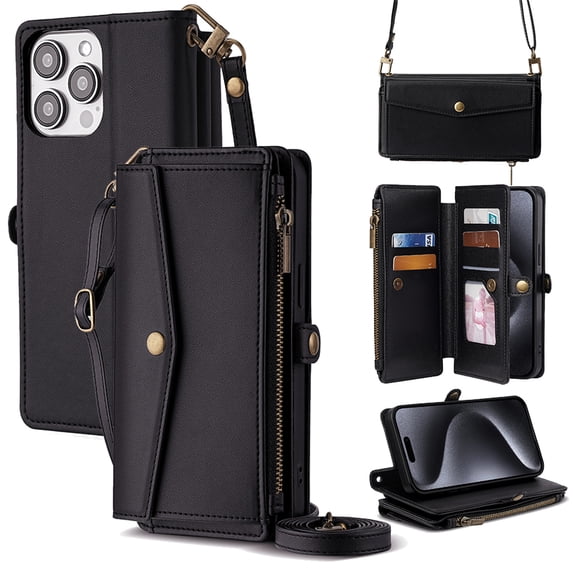 ELEHOLD Wallet Case for iPhone 14 Pro Max,RFID Blocking Card Holder Flip Folio PU Leather Kickstand Shockproof Protective Phone Case with Hand Crossbody Strap for iPhone 14 Pro Max,Black