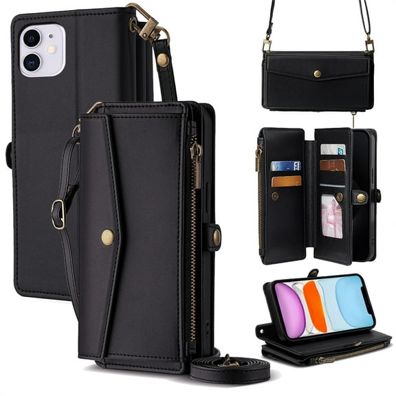 ELEHOLD Wallet Case for iPhone 14,RFID Blocking Card Holder Flip Folio PU Leather Kickstand Shockproof Protective Phone Case with Hand Crossbody Strap for iPhone 14,Black