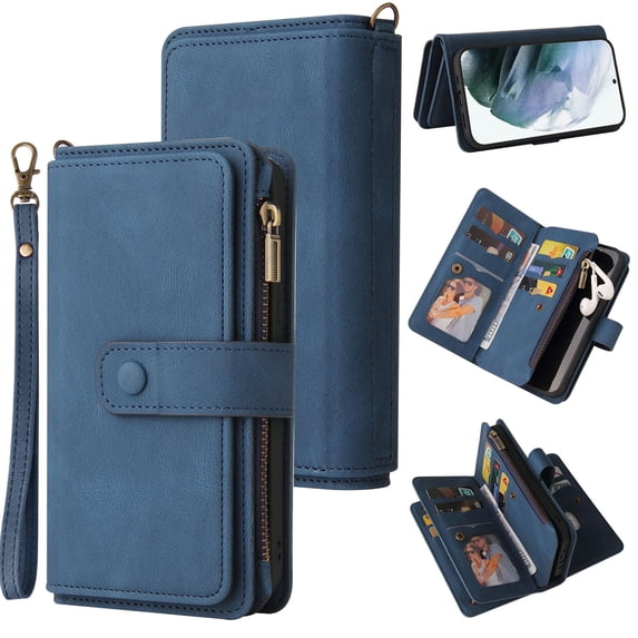 ELEHOLD Wallet Case for iPhone 15 6.1", with Large Capacity 15 Card Holders Zipper Wallet Detachable Wrist Strap Kickstand Function Magnetic Clasp Full Protective Shockproof Cover, Blue