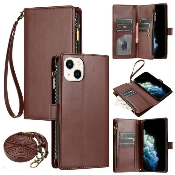 ELEHOLD Wallet Case for iPhone 15, with 9 Card Slots Cash/Zipper Pocket Detachable Wrist Strap Crossbody Shoulder Strap Magnetic Clasp Kickstand Luxury Purse Case for iPhone 15,Brown