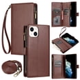 thumbnail image 1 of ELEHOLD Wallet Case for iPhone 15 Plus, with 9 Card Slots Cash/Zipper Pocket Detachable Wrist Strap Crossbody Shoulder Strap Magnetic Clasp Kickstand Luxury Purse Case for iPhone 15 Plus,Brown, 1 of 7