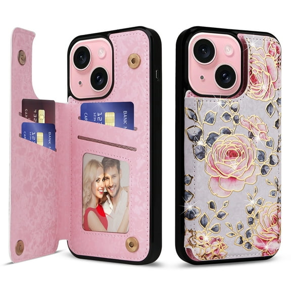 ELEHOLD Wallet Case for iPhone 15 Plus Case Beautiful Flower Floral Pattern with Back Card Holders Magnetic Button RFID Blocking Shockproof Protective Stand Case for iPhone 15 Plus,A