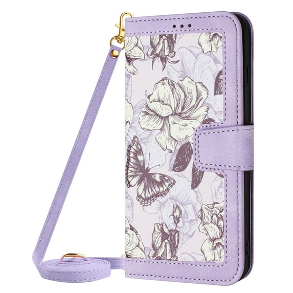 ELEHOLD Wallet Case for iPhone 15 Plus Premium Leather Flower Floral Pattern with Card Slots Kickstand Function Crossbody Shoulder Strap Wriststrap Lanyard Folio Wallet Case,purple