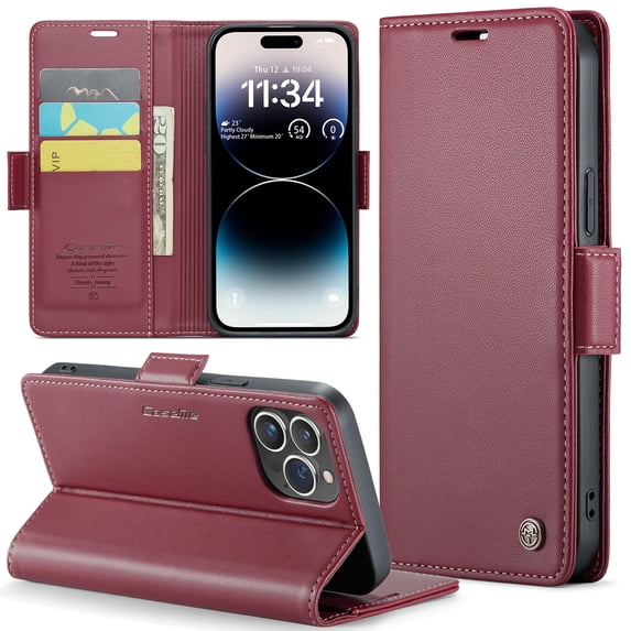 ELEHOLD Wallet Case for iPhone 15 Pro 6.1" Premium Leather Case wih RFID Blocking Function Card Slots Kickstand Magnetic Clasp Shockproof Cover for Men Women for iPhone 15 Pro,Wine
