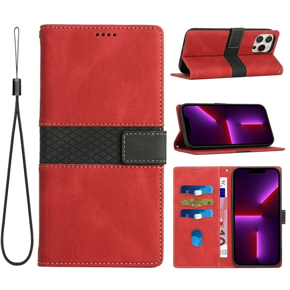 ELEHOLD Wallet Case for iPhone 15 Pro 6.1", Premium PU Leather Card Holders with Lanyard Kickstand Magnetic Clasp Shockproof Anti-Scratch Purse Protective Case for iPhone 15 Pro ,Red